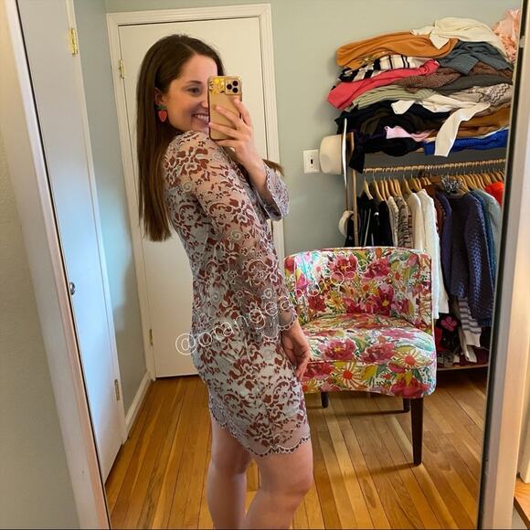 GANNI Blue Red Floral Lace Mockneck Long Sleeve Formal Mini Dress Comfy Event S - Picture 6 of 16